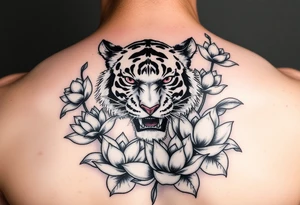 fierce tiger emerging through blooming lotus flowers in mist tattoo idea