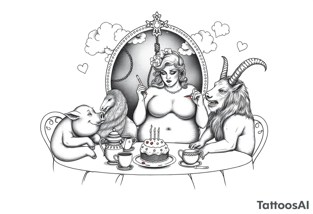 naked fat lady having a tea party with tea pots and 
with a pig, peacock, noose, lion, goat, smoking cigerettes looking in the mirror having sex with a man eating a cake thru storm clouds with knife and broken hearts and darkness and wrath, envy , gluttony, greed, sloth, pride kill tattoo idea