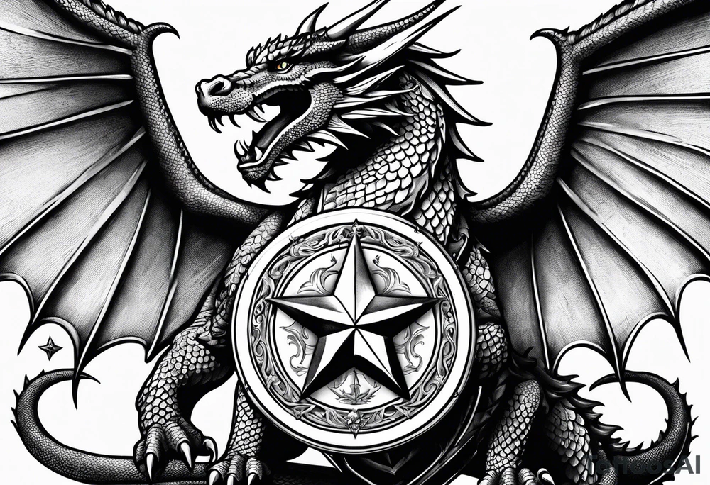 Welsh dragon holding a shield of a TEXAS star tattoo idea