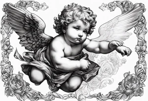renaissance style cherub flying with teddy bear tattoo idea