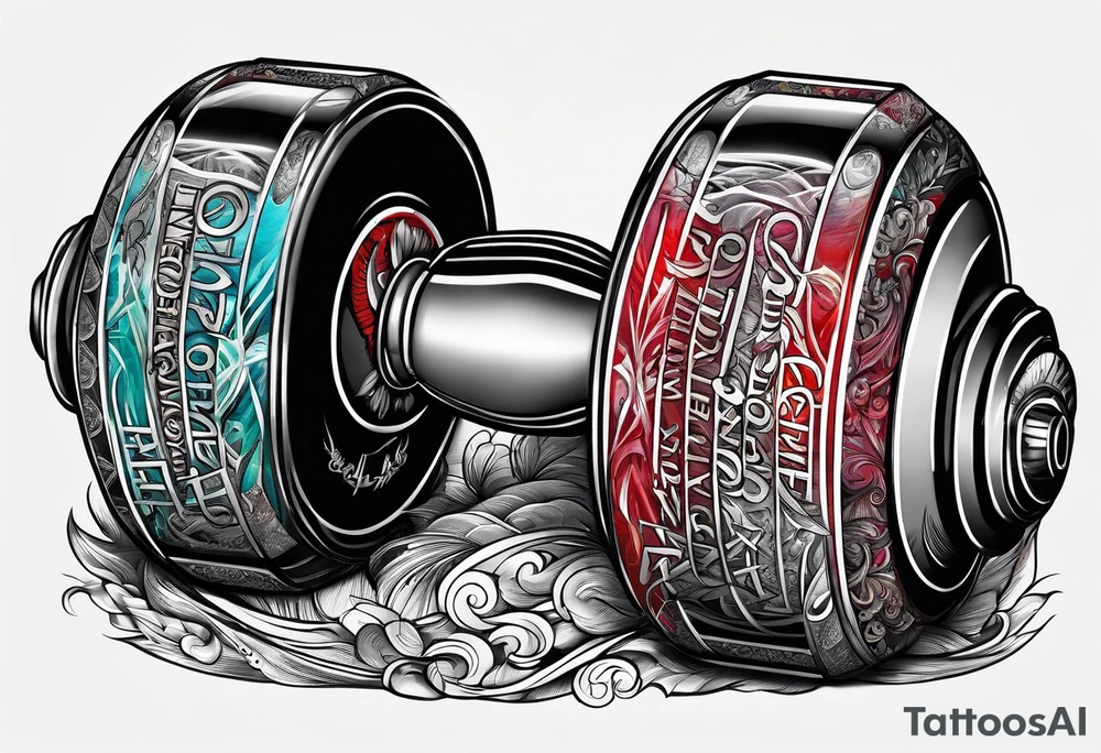 Dumbell with writing text : never enough tattoo idea
