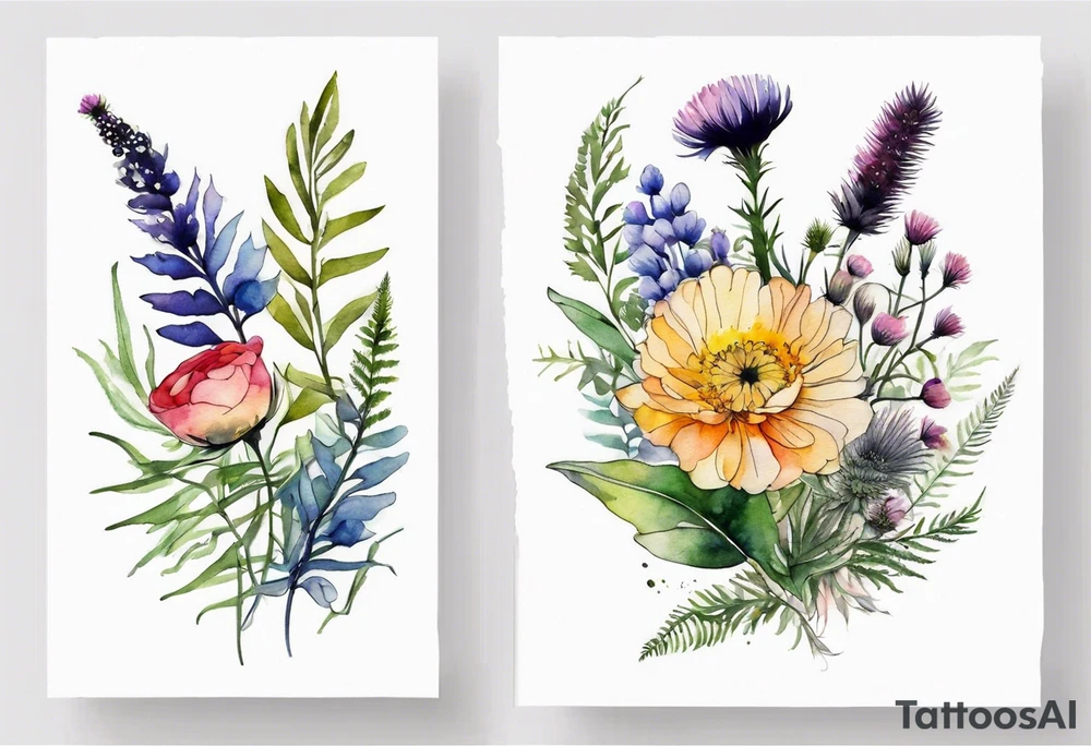 vertical mixed wildflower bouquet with ferns, ranunculus, thistle and with watercolor tattoo idea
