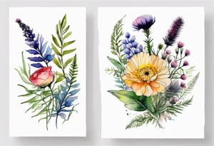 vertical mixed wildflower bouquet with ferns, ranunculus, thistle and with watercolor tattoo idea