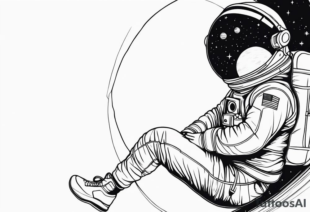 an astronaut hunched over in space from the back holding a planet tattoo idea