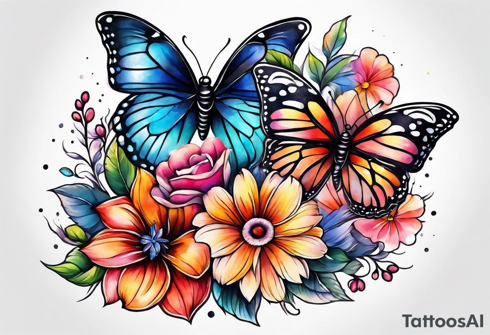 Sleeve with butterflies and colorful flowers tattoo idea