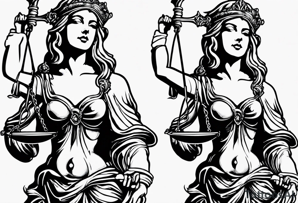 Lady justice with blindfolded eyes, holding a sword in the one hand and a libra in the other tattoo idea