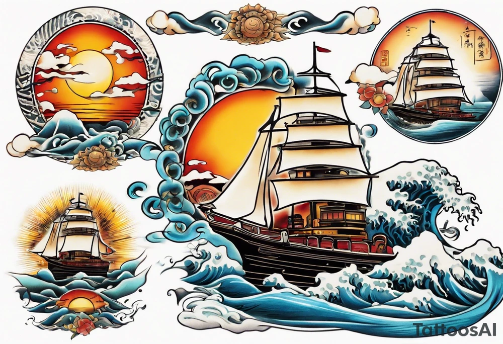 steam boat sailing out of the sun tattoo idea
