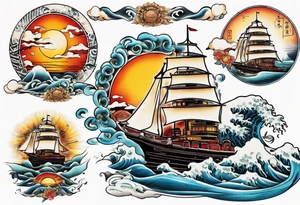 steam boat sailing out of the sun tattoo idea