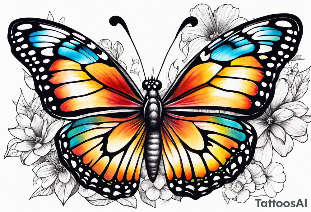 Butterfly: “A vibrant butterfly with colorful wings, resting on a flower, showcasing transformation and beauty.” tattoo idea