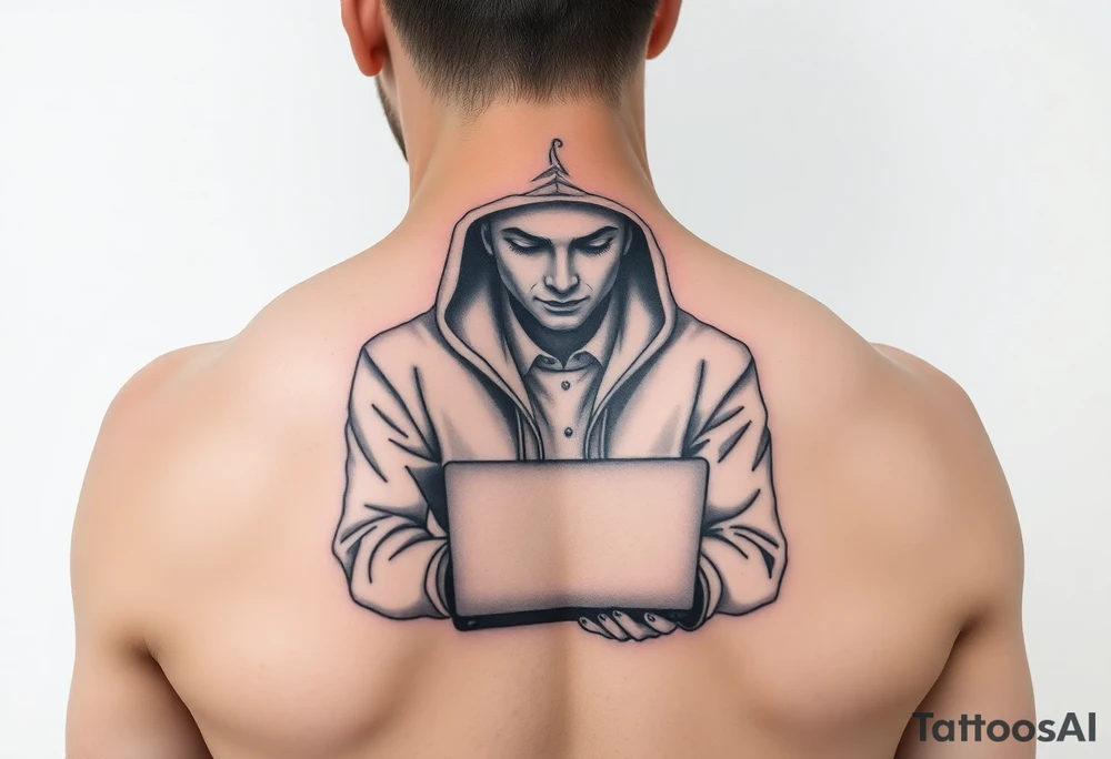 Create a Image of Guy in a hoodie with laptop, like hacking tattoo idea