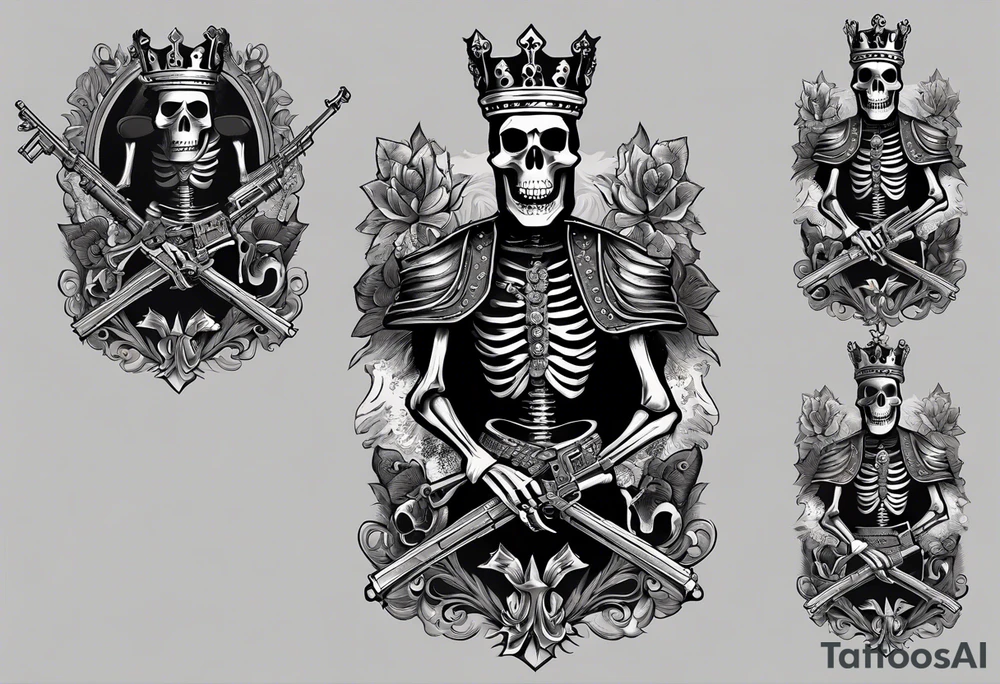 image of a skeleton standing frontally with a crown on his head, holding an AK-47 on his shoulder with his right hand. The chain on the left should be taut, there are three angry barking Dobermans in it, near the waist tattoo idea