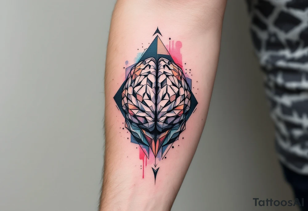 Arm, vertical tattoo inspired in the creativity of a gifted brain, with watercolor details tattoo idea