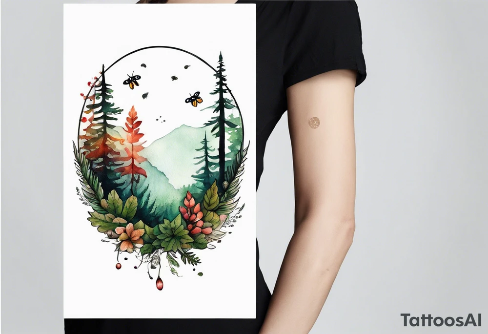 forest floor inspired minimalist tattoo, which includes grass, curly ferns, moss and dead leaves as the bulk of the tattoo. details to include: forest berries, a tiny bumblebee flying nearby, three small brown mushrooms
Generate a vertically long one tattoo idea