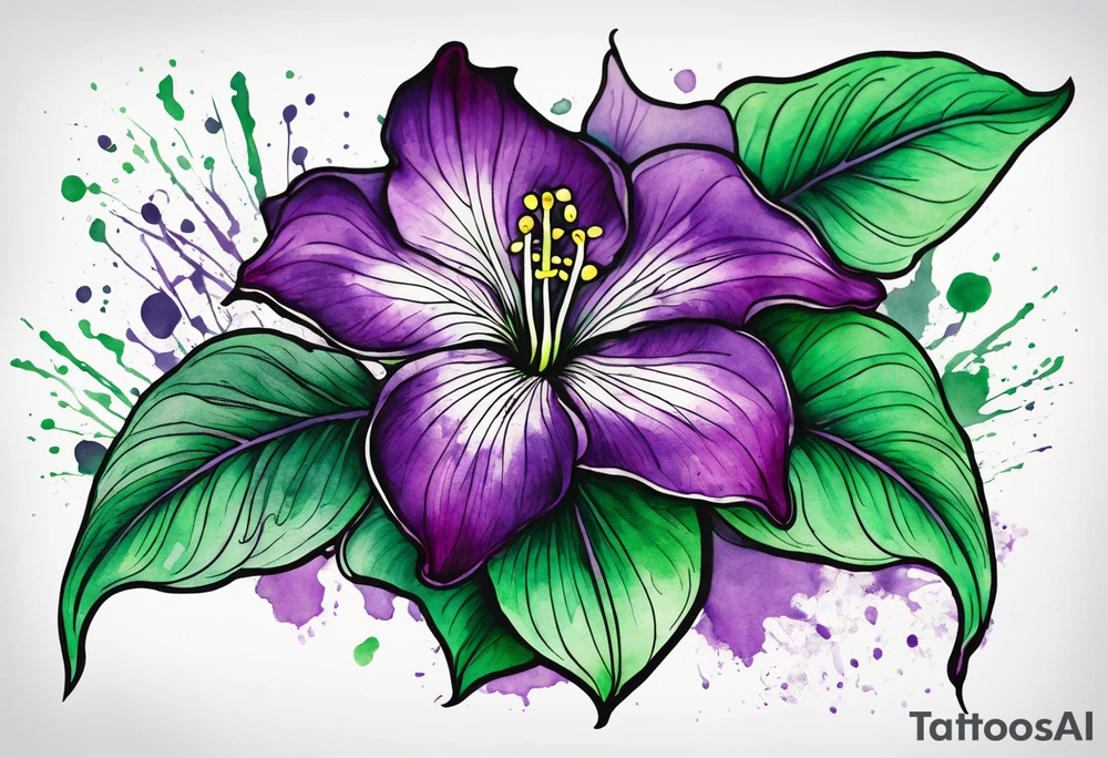 An outline of a green and purple rio dipladenia flower with a mystical green/purple watercolor splash in the background tattoo idea