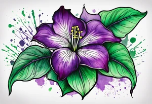 An outline of a green and purple rio dipladenia flower with a mystical green/purple watercolor splash in the background tattoo idea