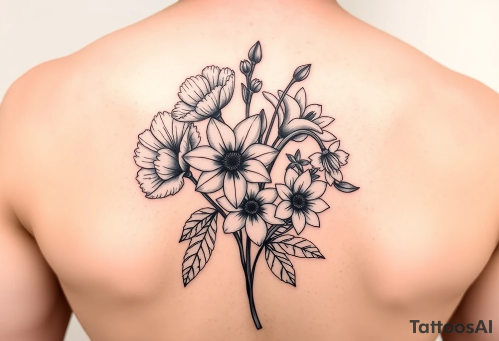 very simple Black and white tattoo with a bouquet from one stem featuring poppy flower, lily of the valley, daffodil, water lily, daisy, with less lines and detail tattoo idea