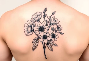 very simple Black and white tattoo with a bouquet from one stem featuring poppy flower, lily of the valley, daffodil, water lily, daisy, with less lines and detail tattoo idea