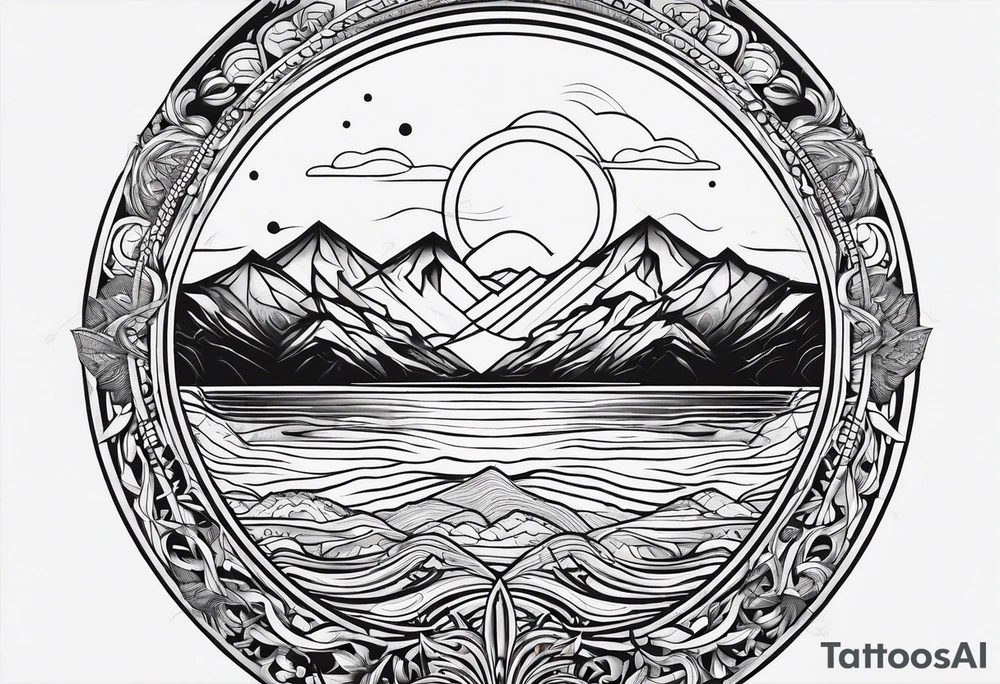 Line art minimalist sun mountain water tattoo idea