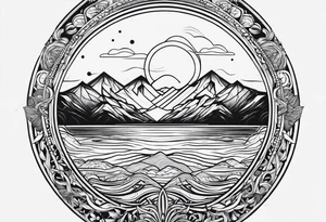 Line art minimalist sun mountain water tattoo idea