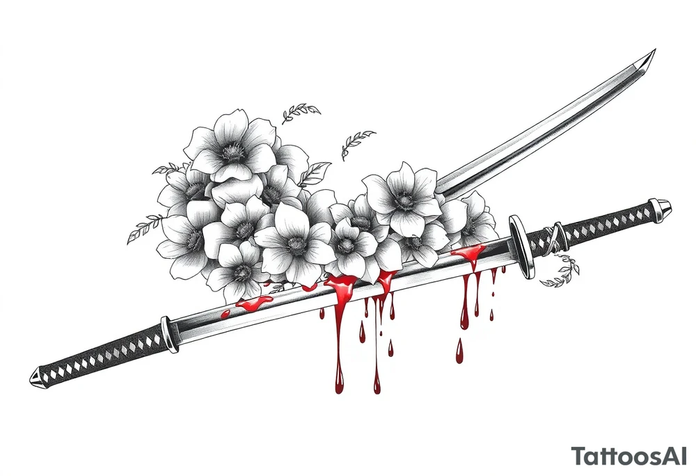 Japanese Katana with flowers clouds and blood on the blade tattoo idea