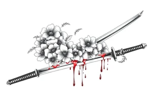 Japanese Katana with flowers clouds and blood on the blade tattoo idea