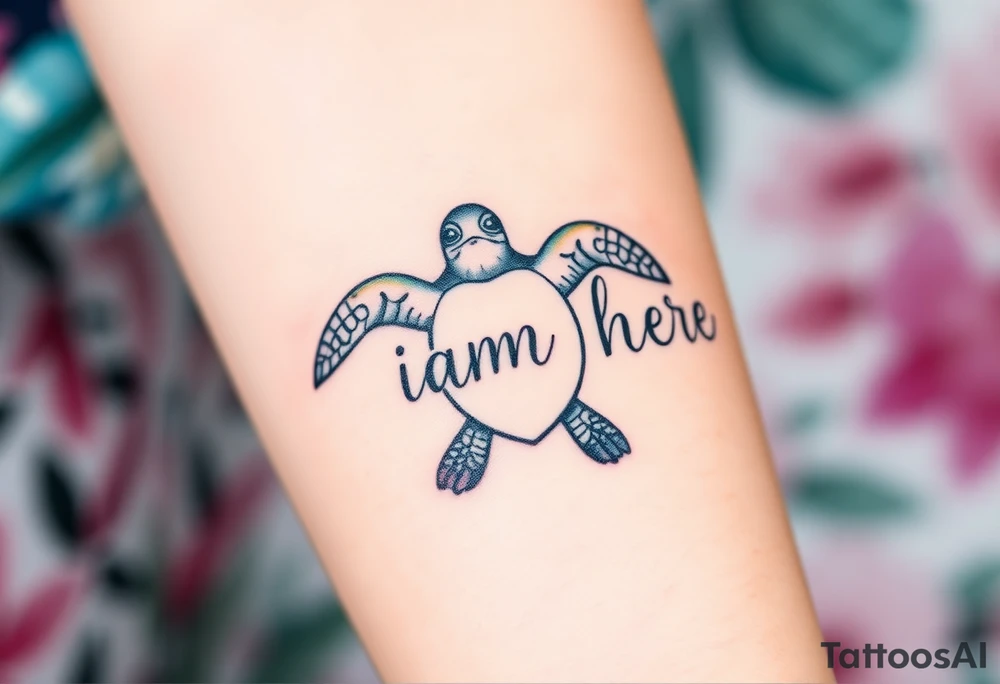 ‘I am here’ with breast cancer pink ribbon as I with Hawaiian theme sea turtle tattoo idea
