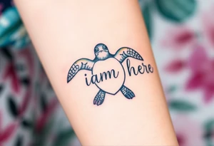 ‘I am here’ with breast cancer pink ribbon as I with Hawaiian theme sea turtle tattoo idea