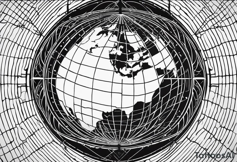 the earth on a flat map with light fading shading placed on a grid with only the lines with accurate depictions of the borders in countries while having it in an oval/circular position without any borders on the sides tattoo idea