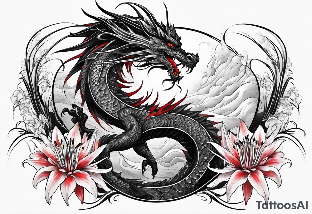 Black Dragon, 
Red Spider Lily, Long tattoo idea
