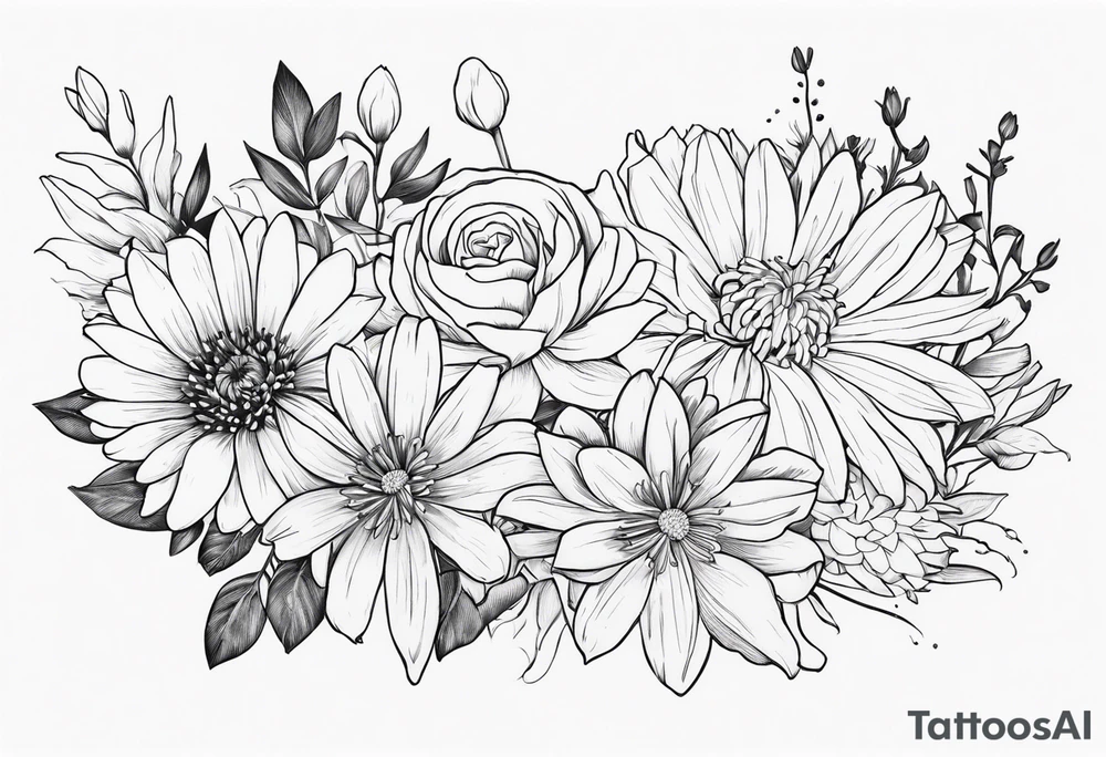 Asters, roses, Lillies, chrysanthemums in a long line tattoo idea