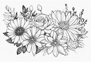 Asters, roses, Lillies, chrysanthemums in a long line tattoo idea