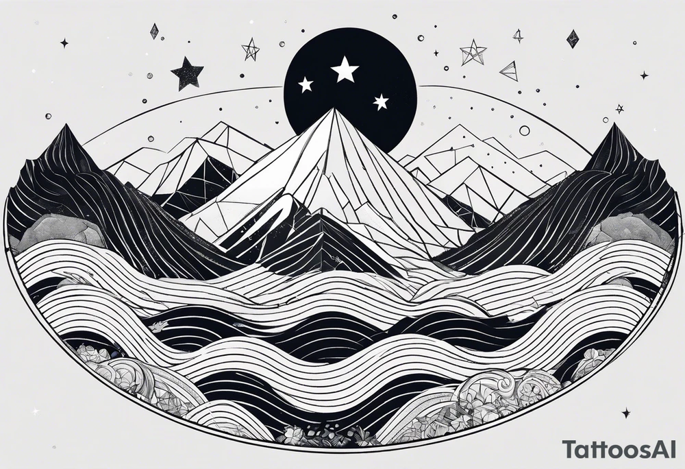 Mountain one Peak, sea waves, space with two littel coloured Stars, geometrical Forms, circle, diamond surrounding scenery with dashed lines overlapping tattoo idea