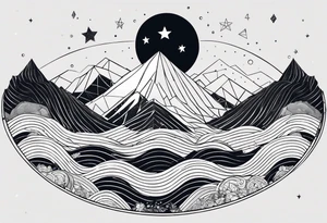 Mountain one Peak, sea waves, space with two littel coloured Stars, geometrical Forms, circle, diamond surrounding scenery with dashed lines overlapping tattoo idea