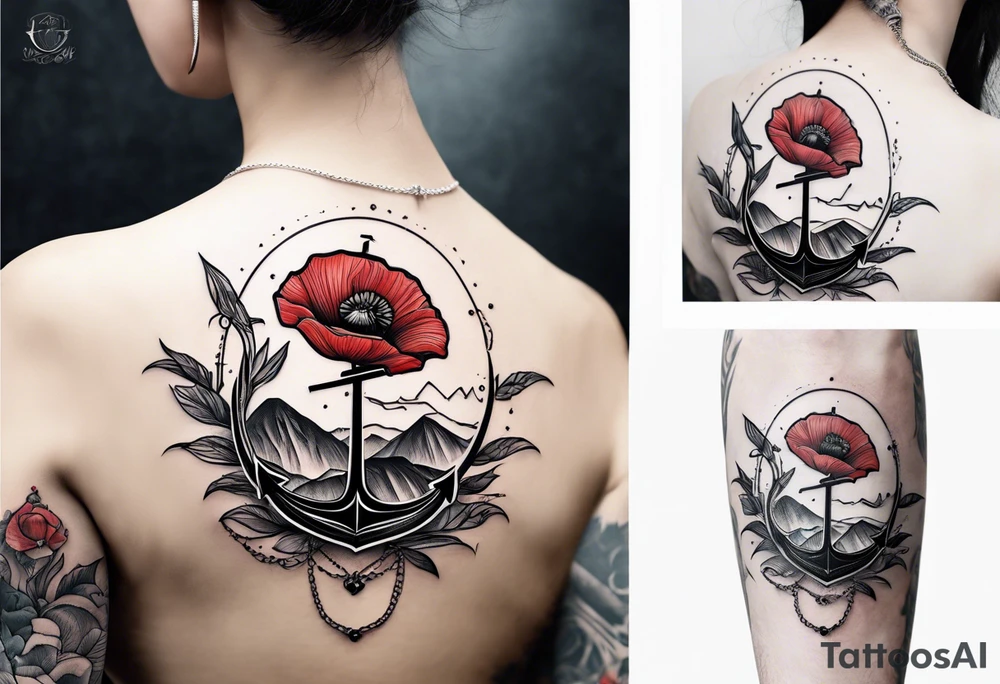 an anchor with a poppy flower in front of it and mountains behind it tattoo idea