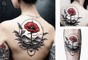 an anchor with a poppy flower in front of it and mountains behind it tattoo idea