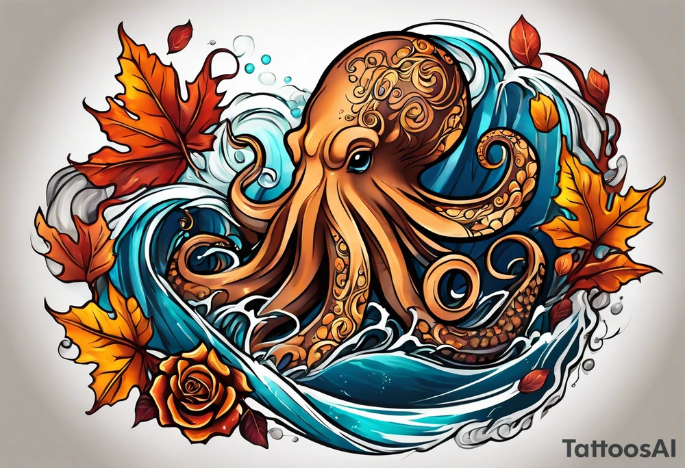 masculine abstract left thigh tattoo with a large long flowing octopus in water swirls wrapping around rocks, with a rose, in fall colors with some small leaves and fall elements tattoo idea