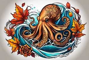 masculine abstract left thigh tattoo with a large long flowing octopus in water swirls wrapping around rocks, with a rose, in fall colors with some small leaves and fall elements tattoo idea