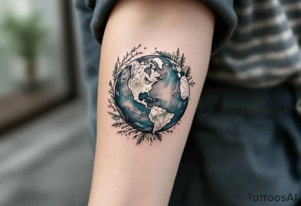 A microrealism Earth tattoo shaded with marine blue and mossy green nestles in the crook of the elbow. tattoo idea