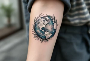 A microrealism Earth tattoo shaded with marine blue and mossy green nestles in the crook of the elbow. tattoo idea