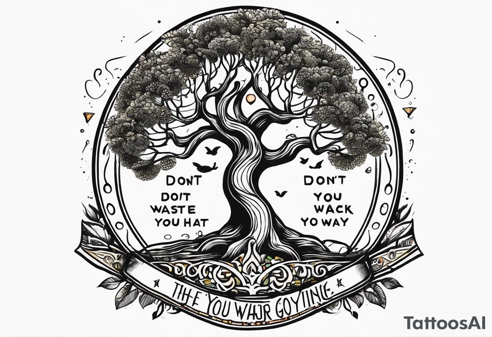 Tree of life sourounded with the text of "dont waste your time back you're not going that way" tattoo idea
