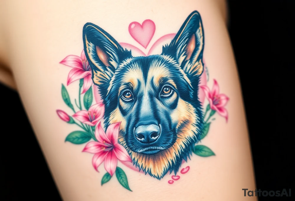 realistic german shepherd looking protective with pink lilies in front of a sacred heart tattoo idea