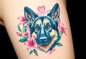 realistic german shepherd looking protective with pink lilies in front of a sacred heart tattoo idea