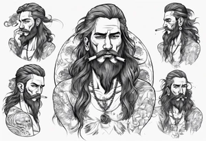 A man standing full-length, with long hair, no beard, smoking a cigarette, with earrings in his ears, no headgear tattoo idea