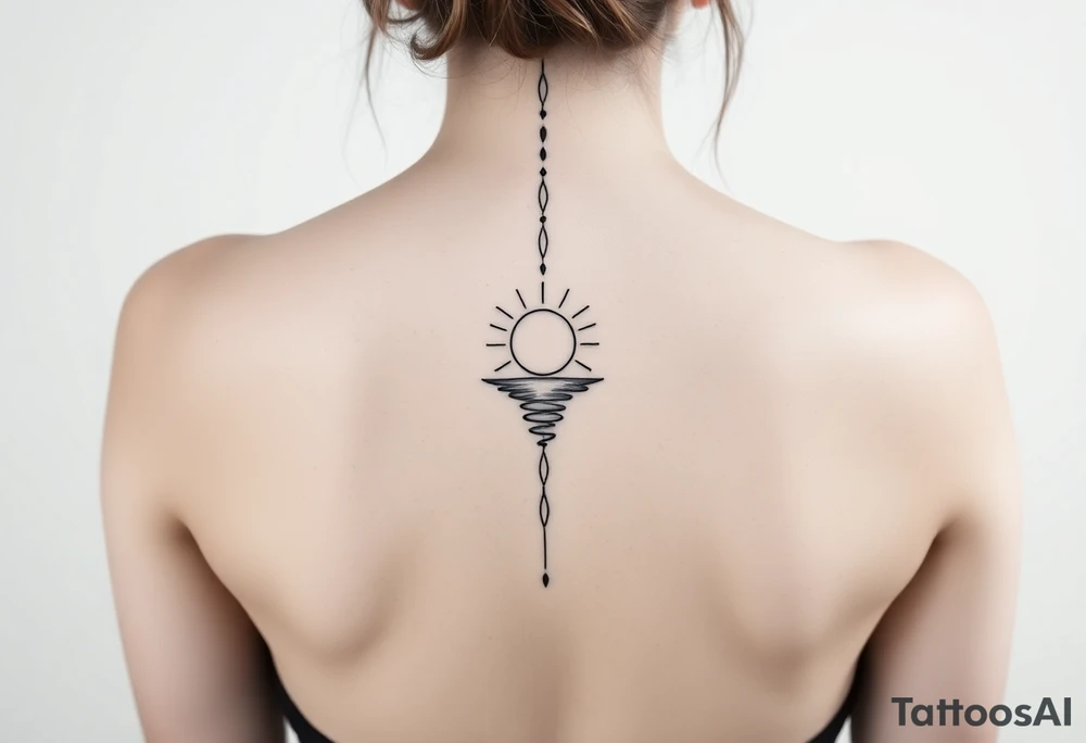 Fine line spine tattoo down the entire back with sun centered in the middle  and a bit of beach theme tattoo idea