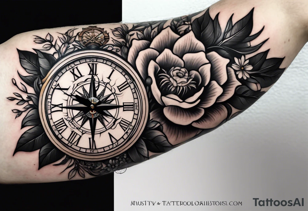 combination of a nautical compass and a old school clock face, and a doctor bird and tree of life and decorated with lignum vitae flowers, 3/4 sleeve on arm, flowing down the arem tattoo idea