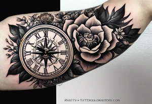 combination of a nautical compass and a old school clock face, and a doctor bird and tree of life and decorated with lignum vitae flowers, 3/4 sleeve on arm, flowing down the arem tattoo idea