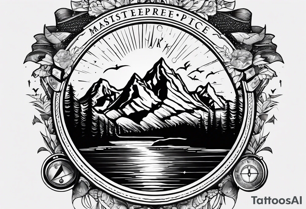 The word "HARK" as a banner with a mountain, a rock climbing carabiner, compass, and a lake and pontoon in a circular design tattoo idea