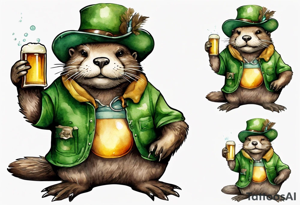 a medieval fat otter wearing green overalls and a tattered hat drinking from a stein of beer tattoo idea