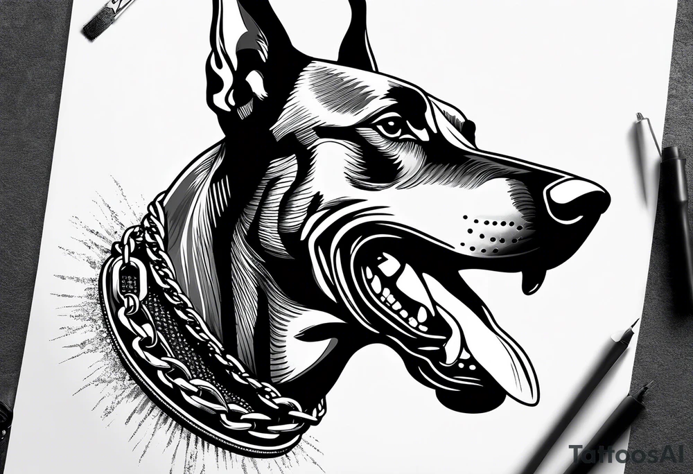 Doberman with open mouth biting
Wearing chain tattoo idea