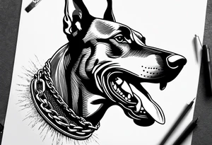 Doberman with open mouth biting
Wearing chain tattoo idea
